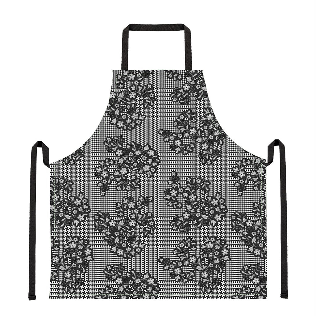 Black And White Floral Glen Plaid Print Apron