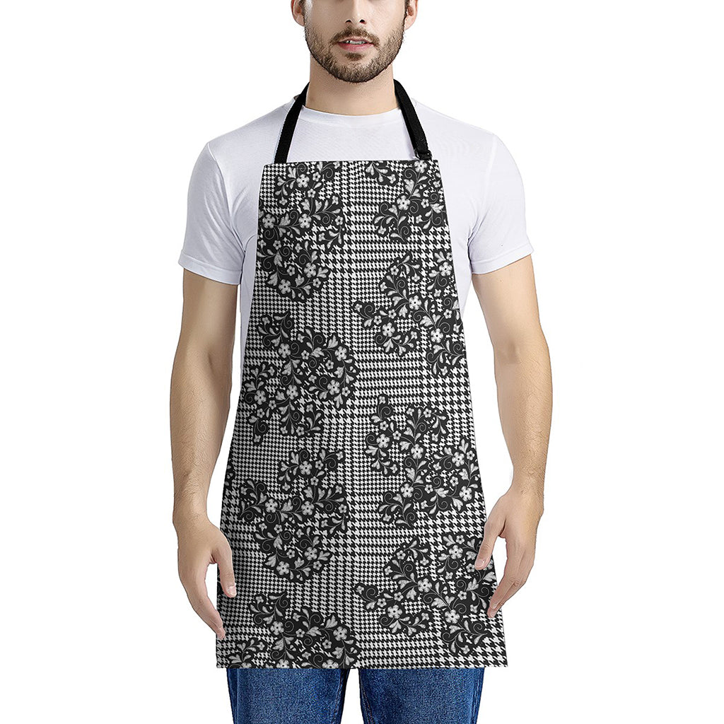 Black And White Floral Glen Plaid Print Apron