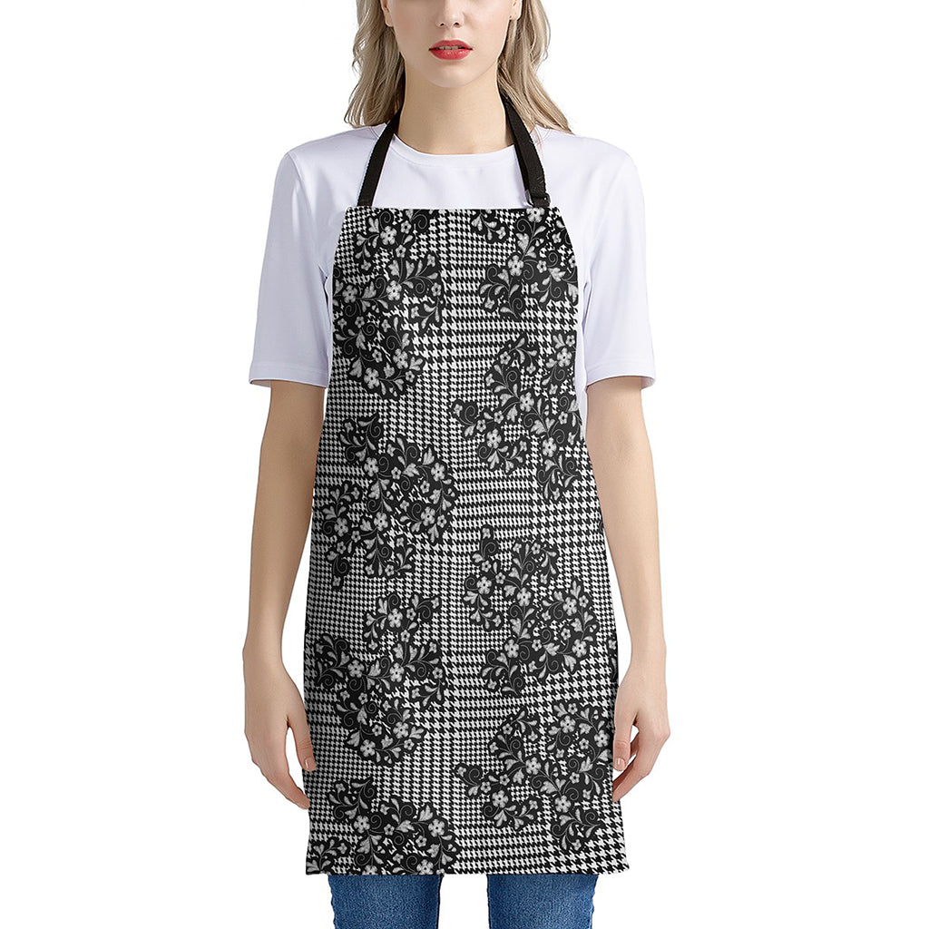 Black And White Floral Glen Plaid Print Apron