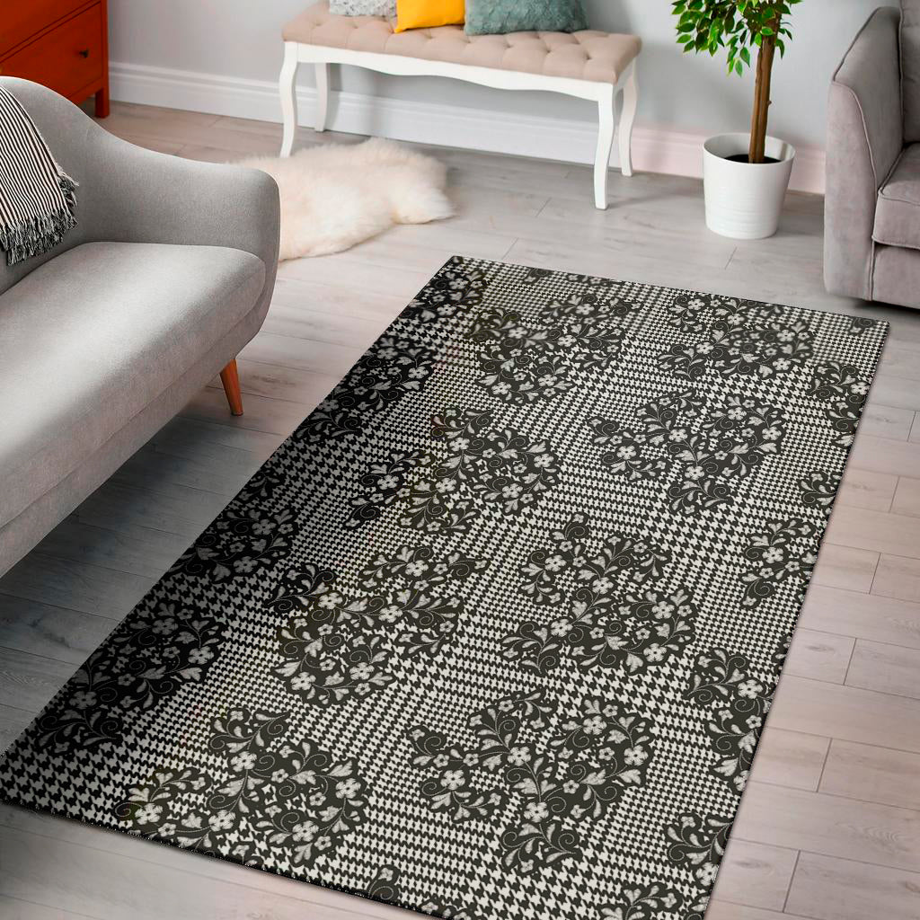 Black And White Floral Glen Plaid Print Area Rug