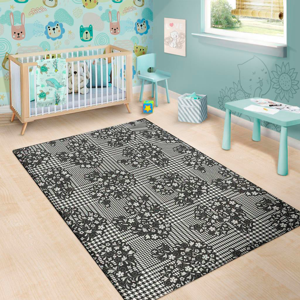 Black And White Floral Glen Plaid Print Area Rug