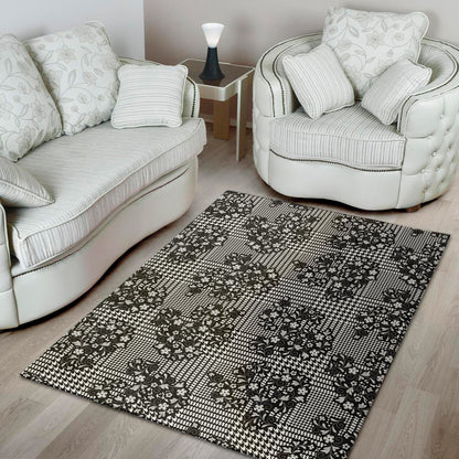 Black And White Floral Glen Plaid Print Area Rug