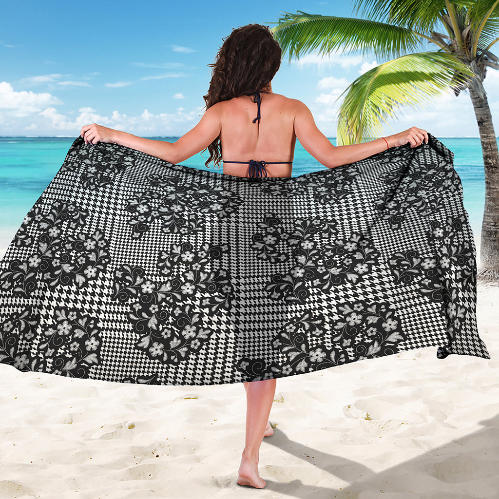 Black And White Floral Glen Plaid Print Beach Sarong Wrap