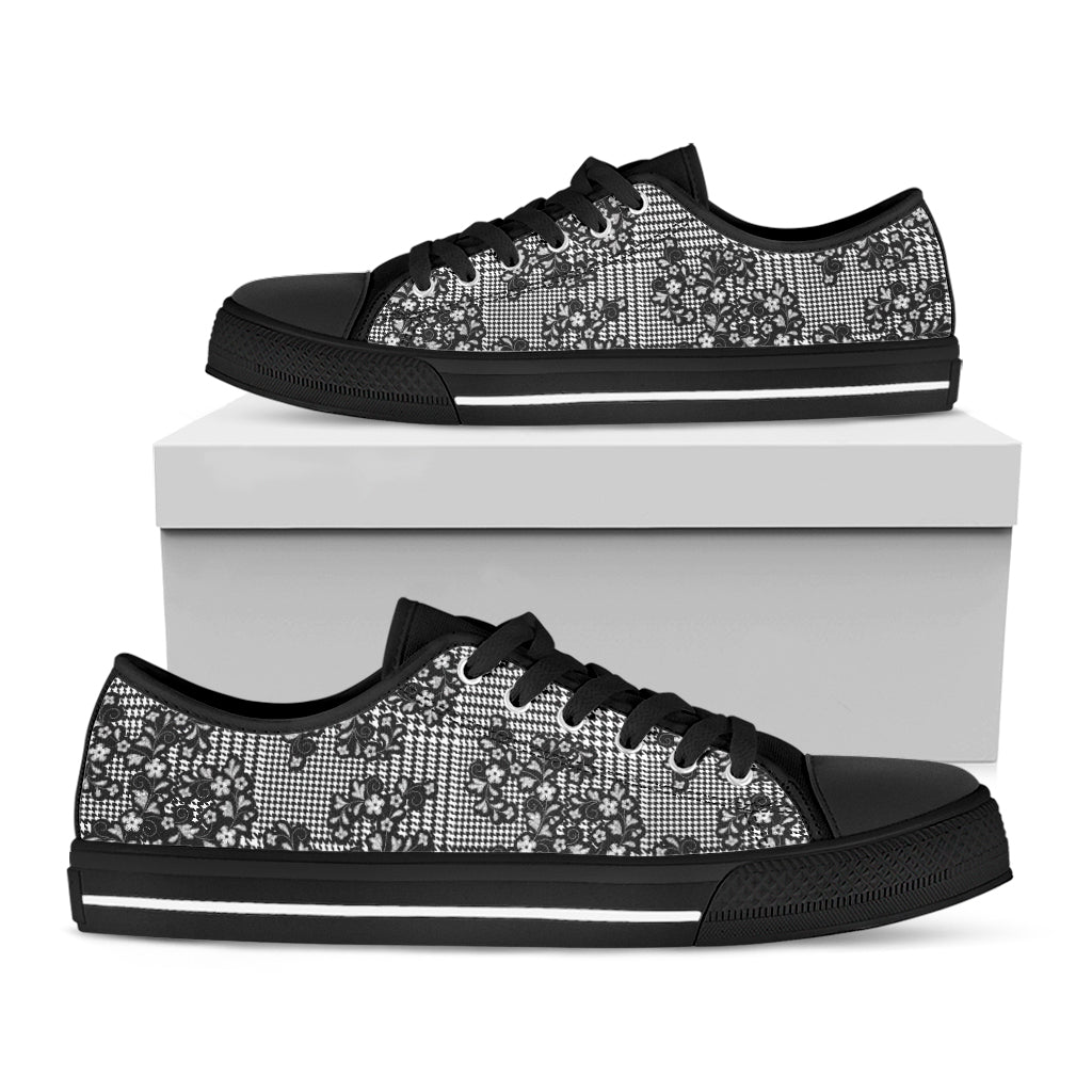 Black And White Floral Glen Plaid Print Black Low Top Shoes