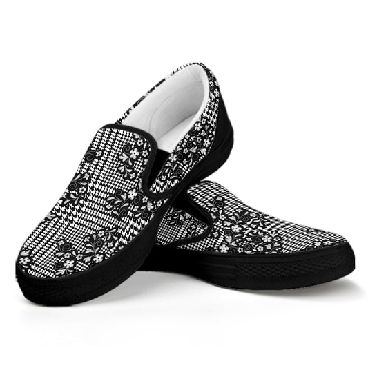 Black And White Floral Glen Plaid Print Black Slip On Shoes