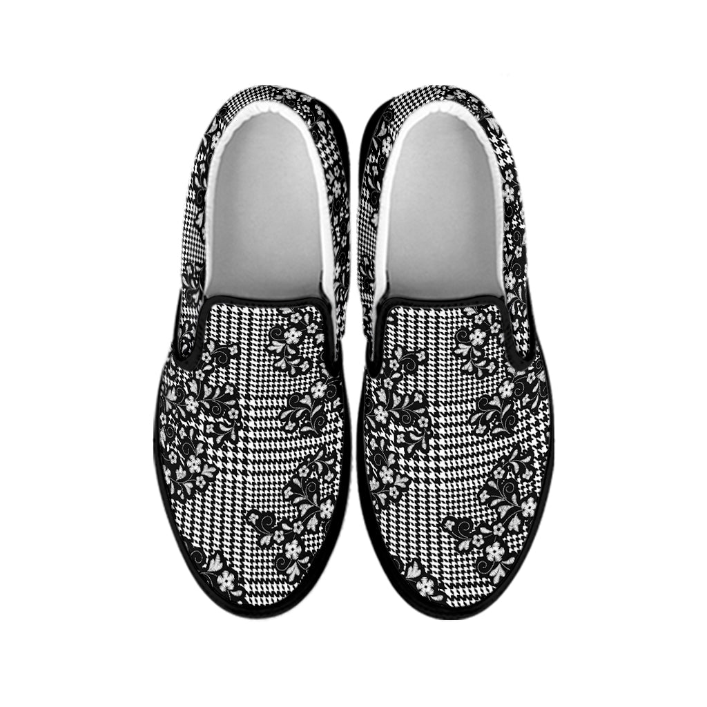 Black And White Floral Glen Plaid Print Black Slip On Shoes