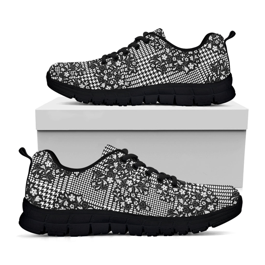 Black And White Floral Glen Plaid Print Black Sneakers