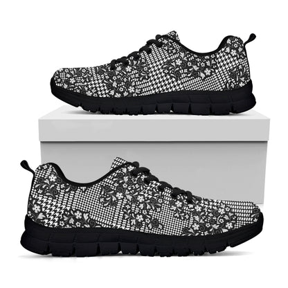 Black And White Floral Glen Plaid Print Black Sneakers