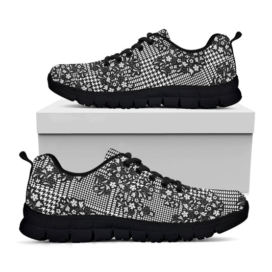 Black And White Floral Glen Plaid Print Black Sneakers