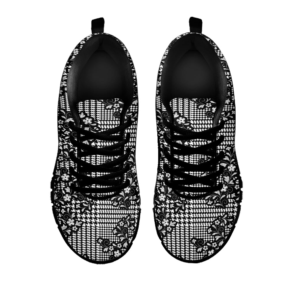 Black And White Floral Glen Plaid Print Black Sneakers