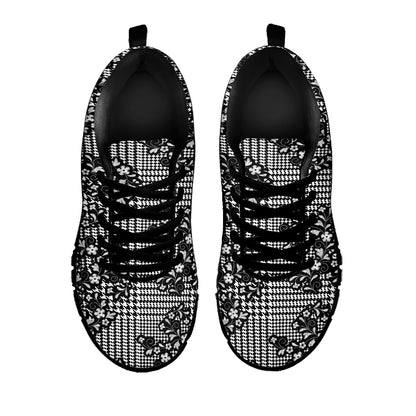 Black And White Floral Glen Plaid Print Black Sneakers