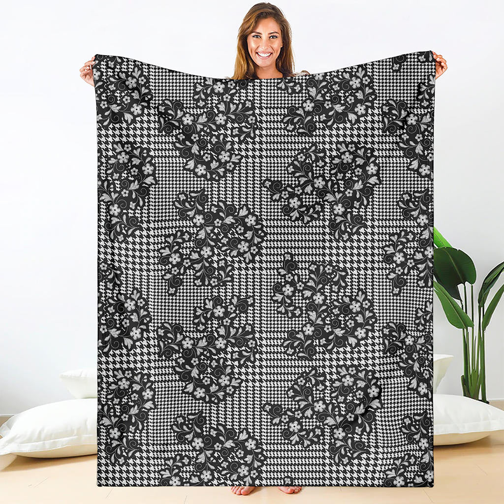 Black And White Floral Glen Plaid Print Blanket