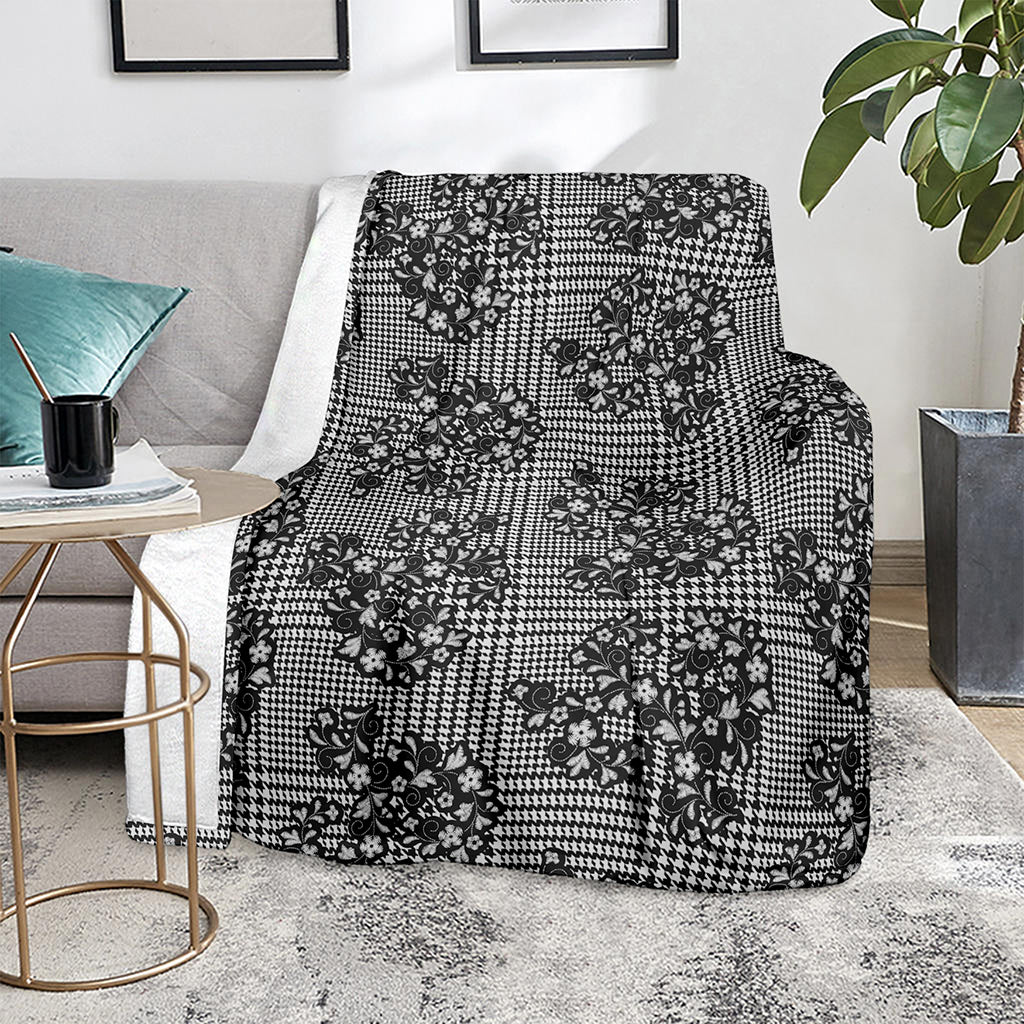 Black And White Floral Glen Plaid Print Blanket