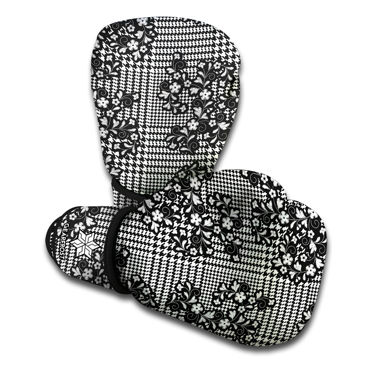 Black And White Floral Glen Plaid Print Boxing Gloves
