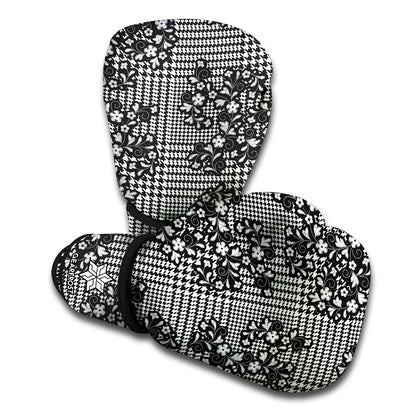 Black And White Floral Glen Plaid Print Boxing Gloves