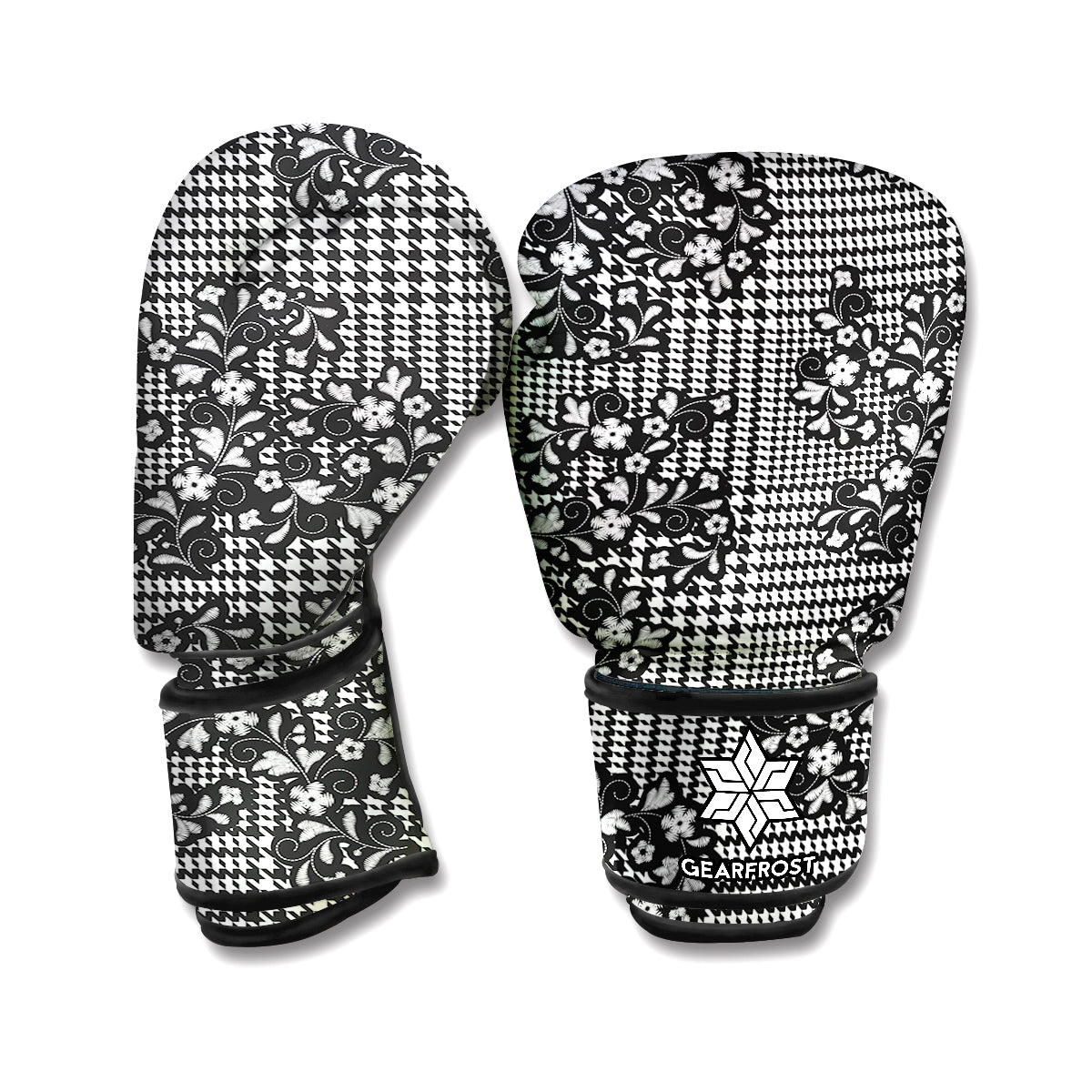 Black And White Floral Glen Plaid Print Boxing Gloves
