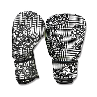 Black And White Floral Glen Plaid Print Boxing Gloves