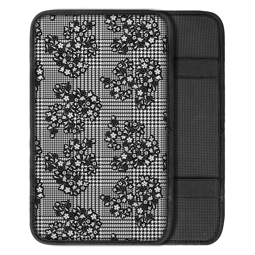Black And White Floral Glen Plaid Print Car Center Console Cover