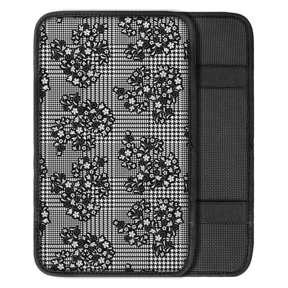 Black And White Floral Glen Plaid Print Car Center Console Cover