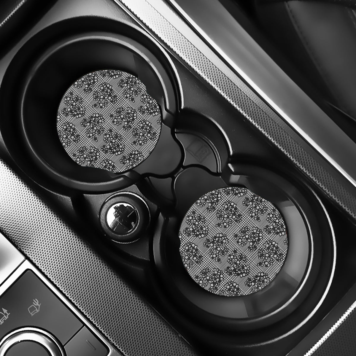 Black And White Floral Glen Plaid Print Car Coasters