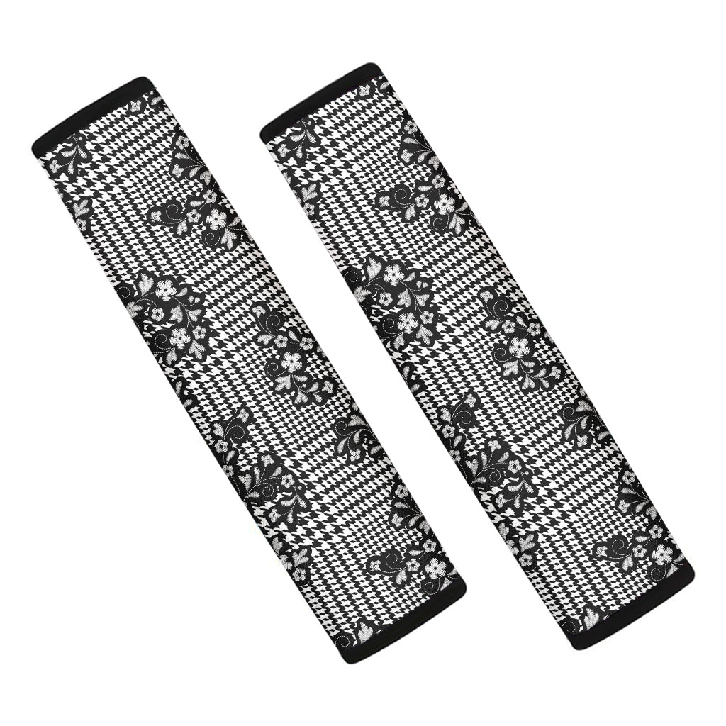 Black And White Floral Glen Plaid Print Car Seat Belt Covers
