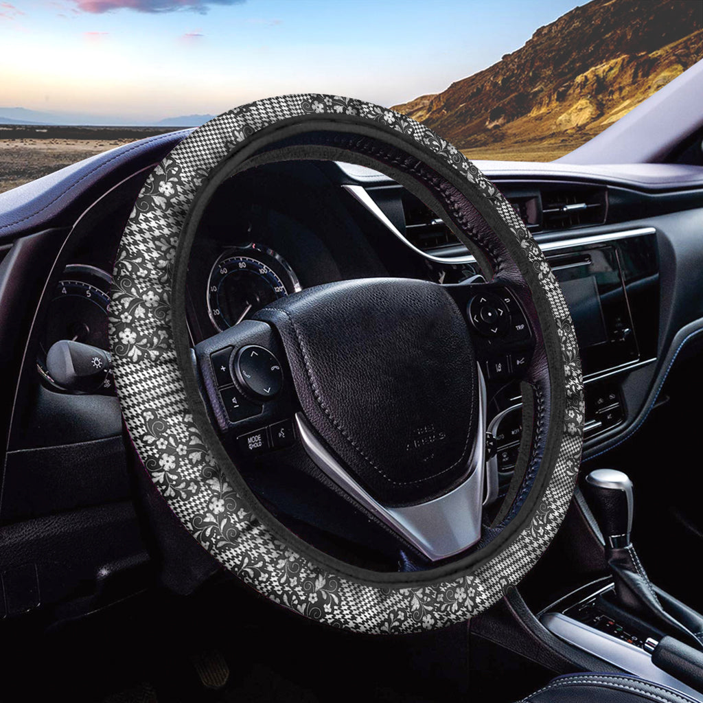 Black And White Floral Glen Plaid Print Car Steering Wheel Cover