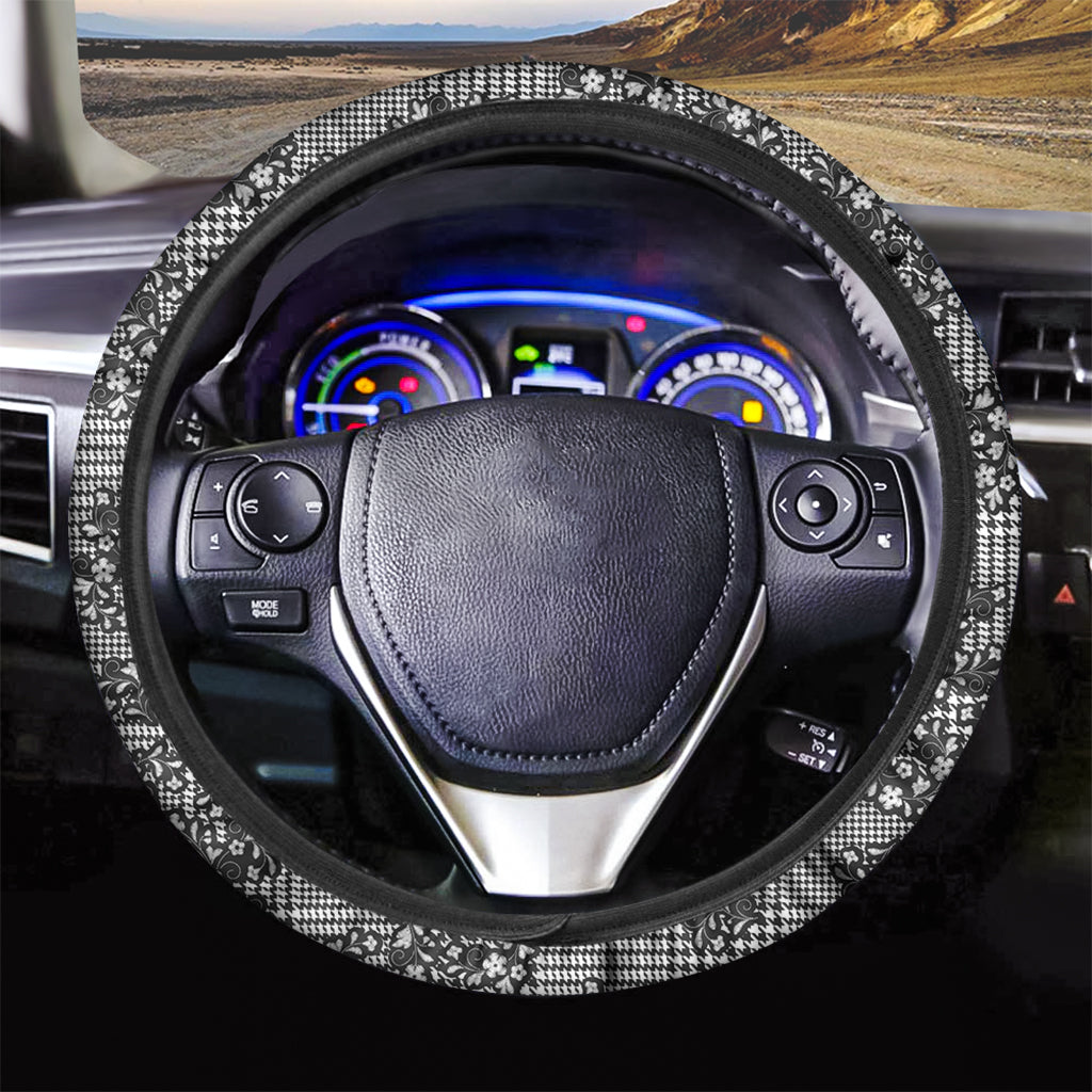 Black And White Floral Glen Plaid Print Car Steering Wheel Cover