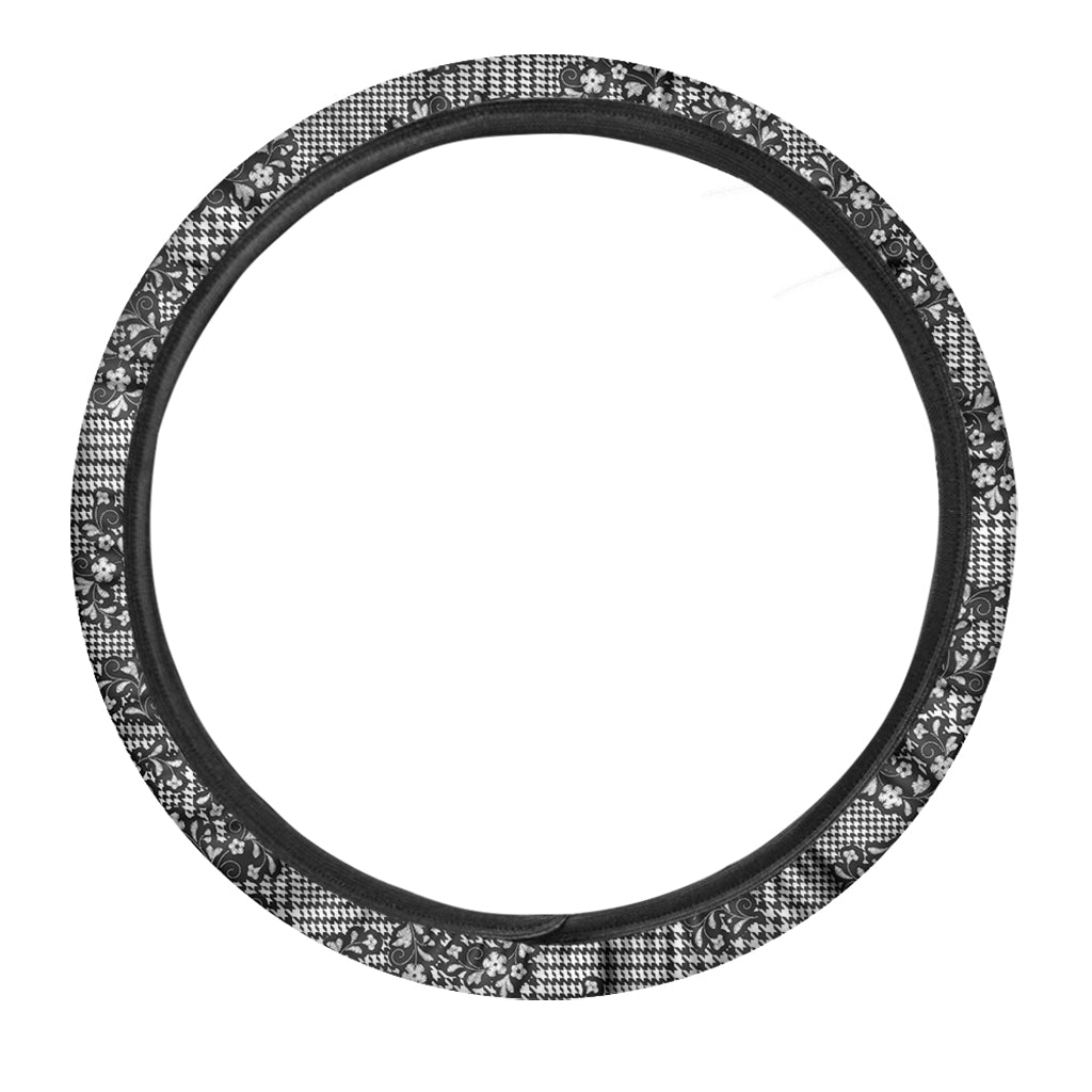 Black And White Floral Glen Plaid Print Car Steering Wheel Cover