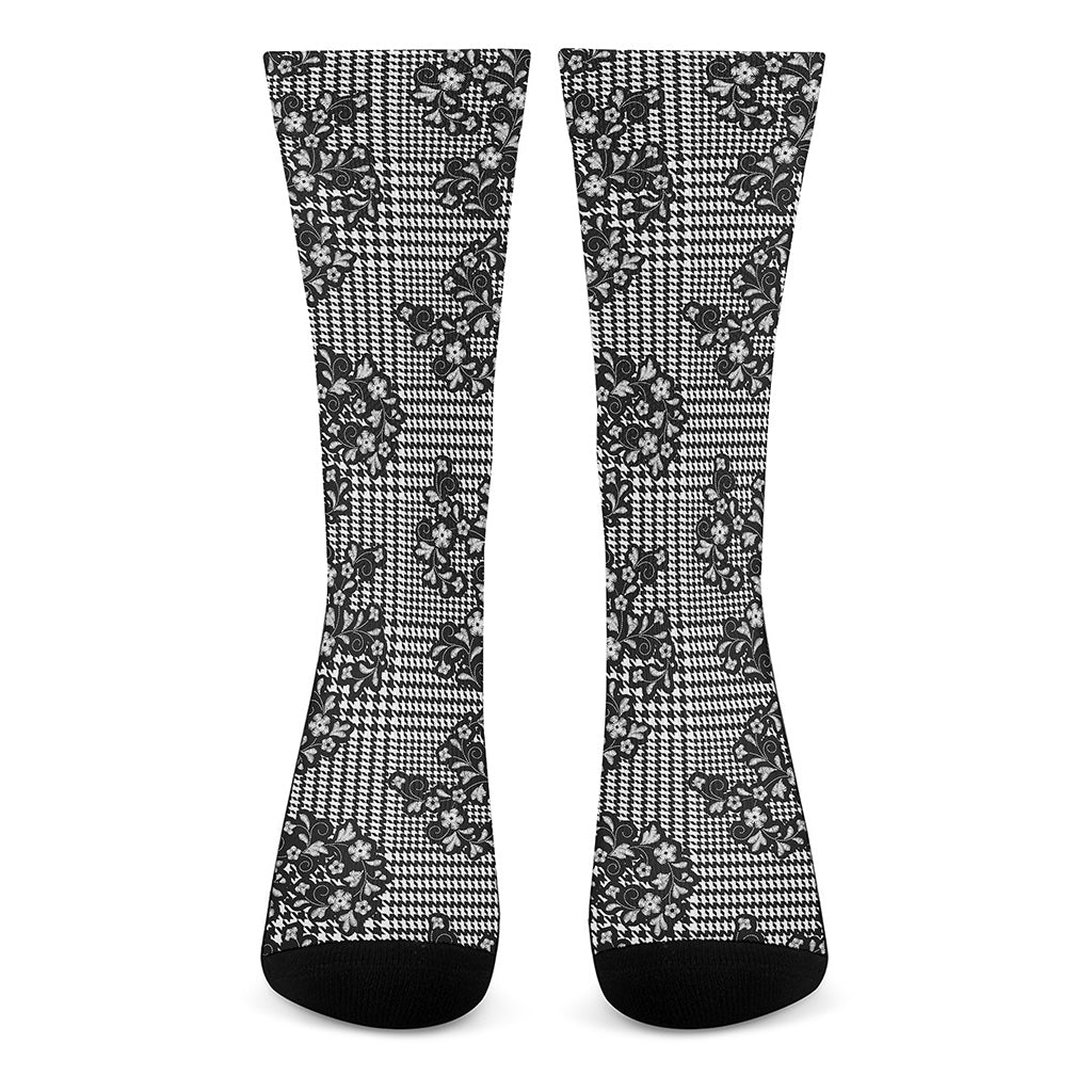 Black And White Floral Glen Plaid Print Crew Socks