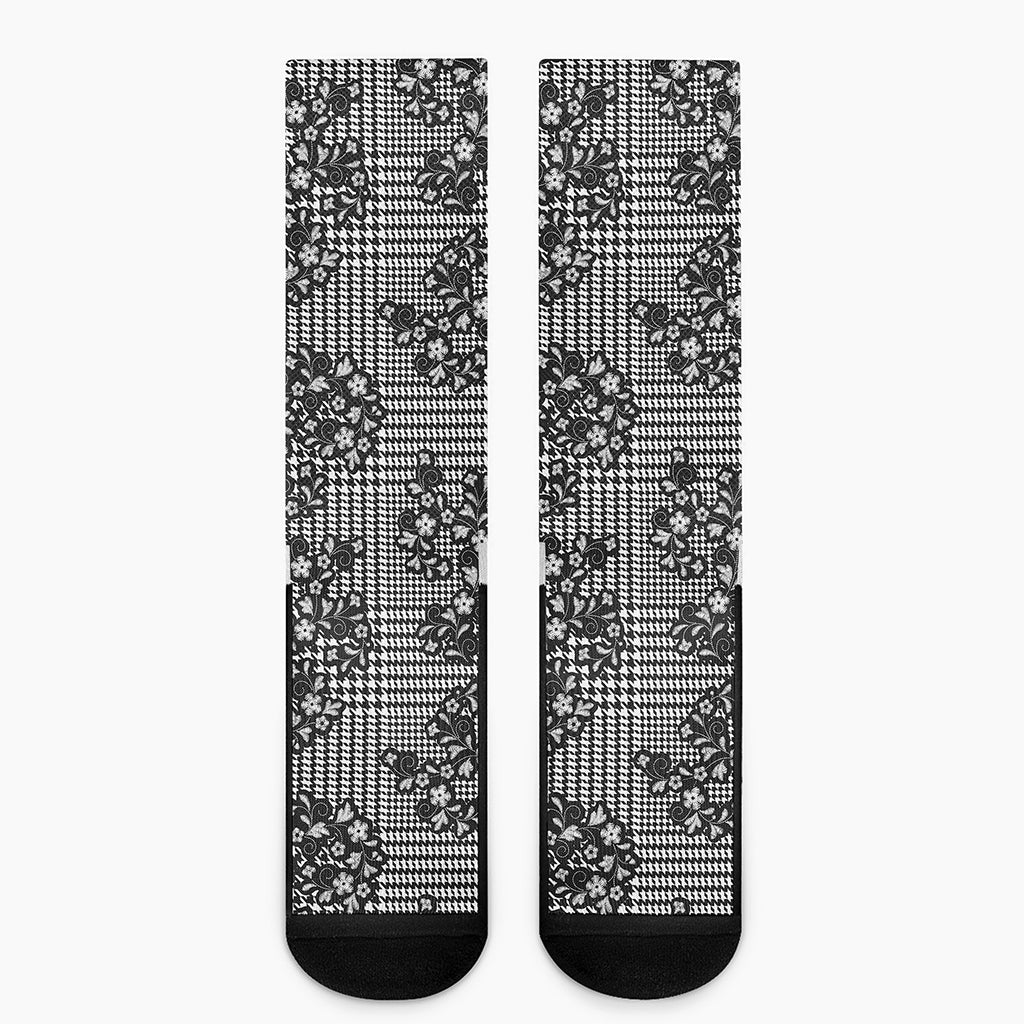 Black And White Floral Glen Plaid Print Crew Socks