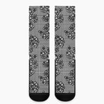 Black And White Floral Glen Plaid Print Crew Socks