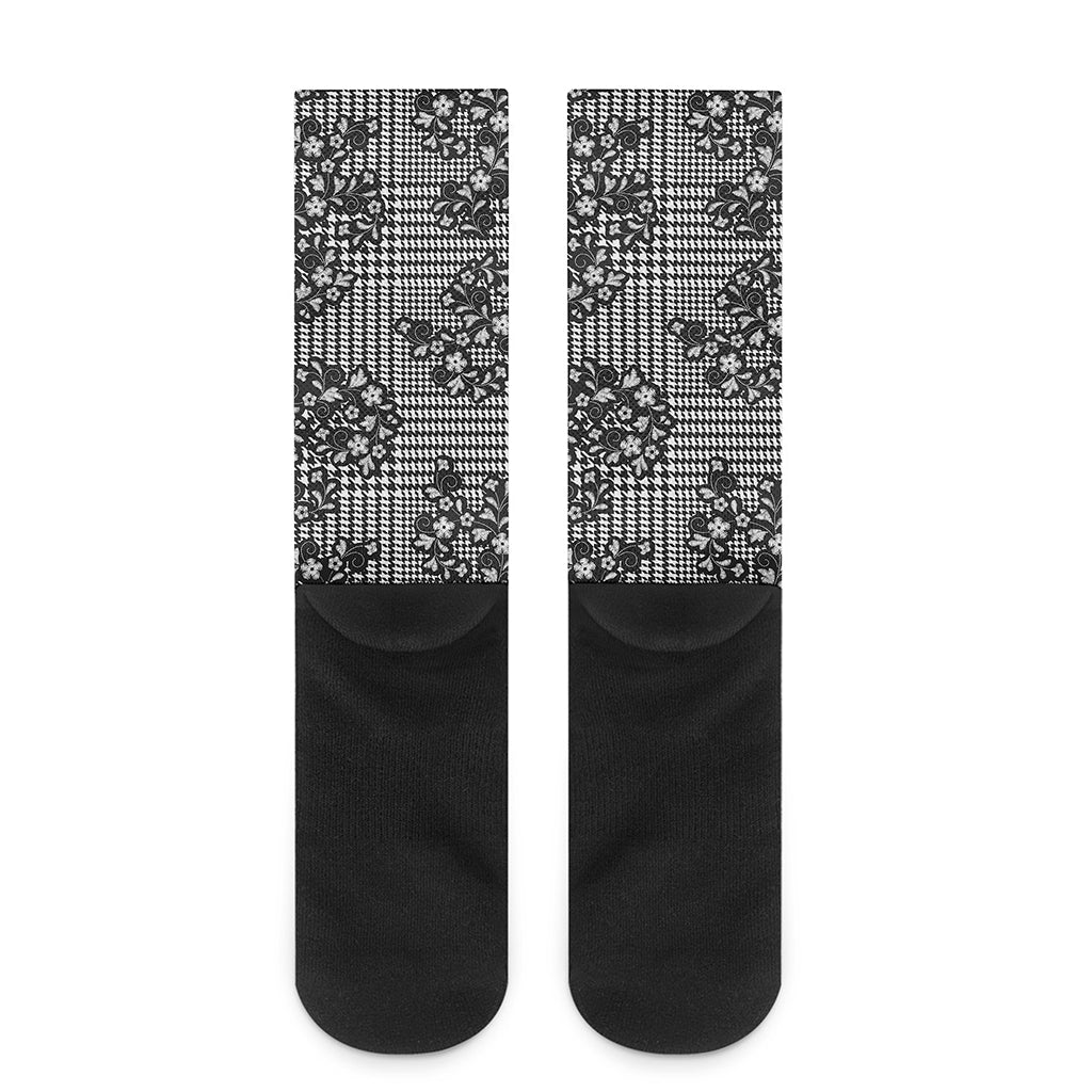 Black And White Floral Glen Plaid Print Crew Socks