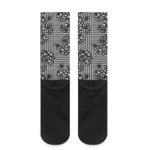 Black And White Floral Glen Plaid Print Crew Socks