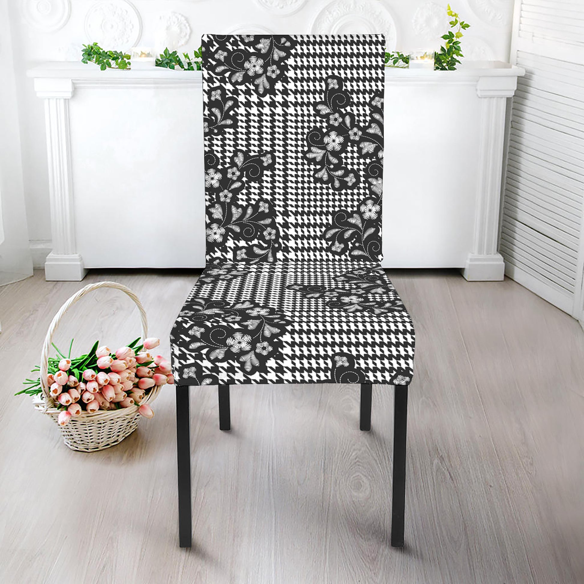 Black And White Floral Glen Plaid Print Dining Chair Slipcover