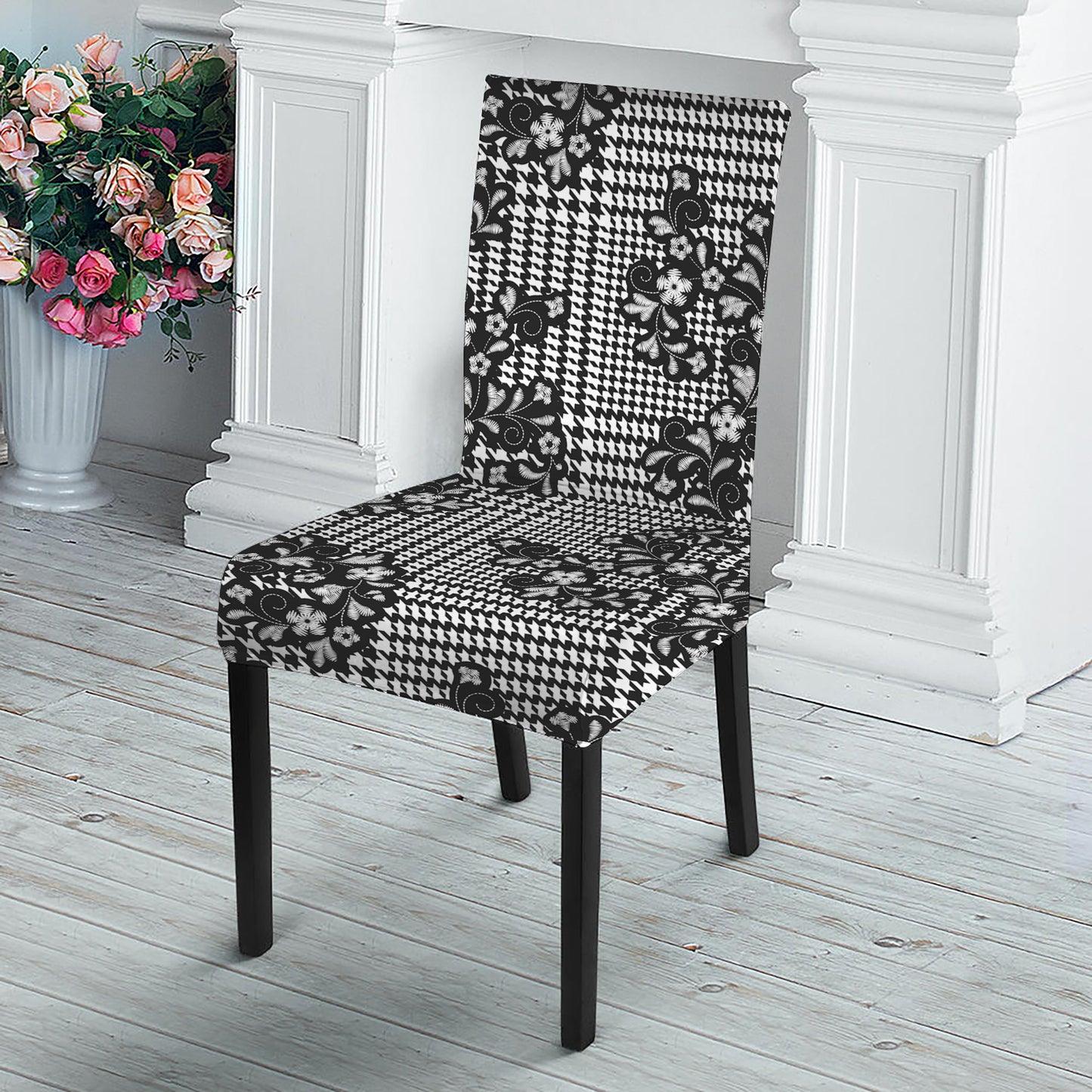 Black And White Floral Glen Plaid Print Dining Chair Slipcover