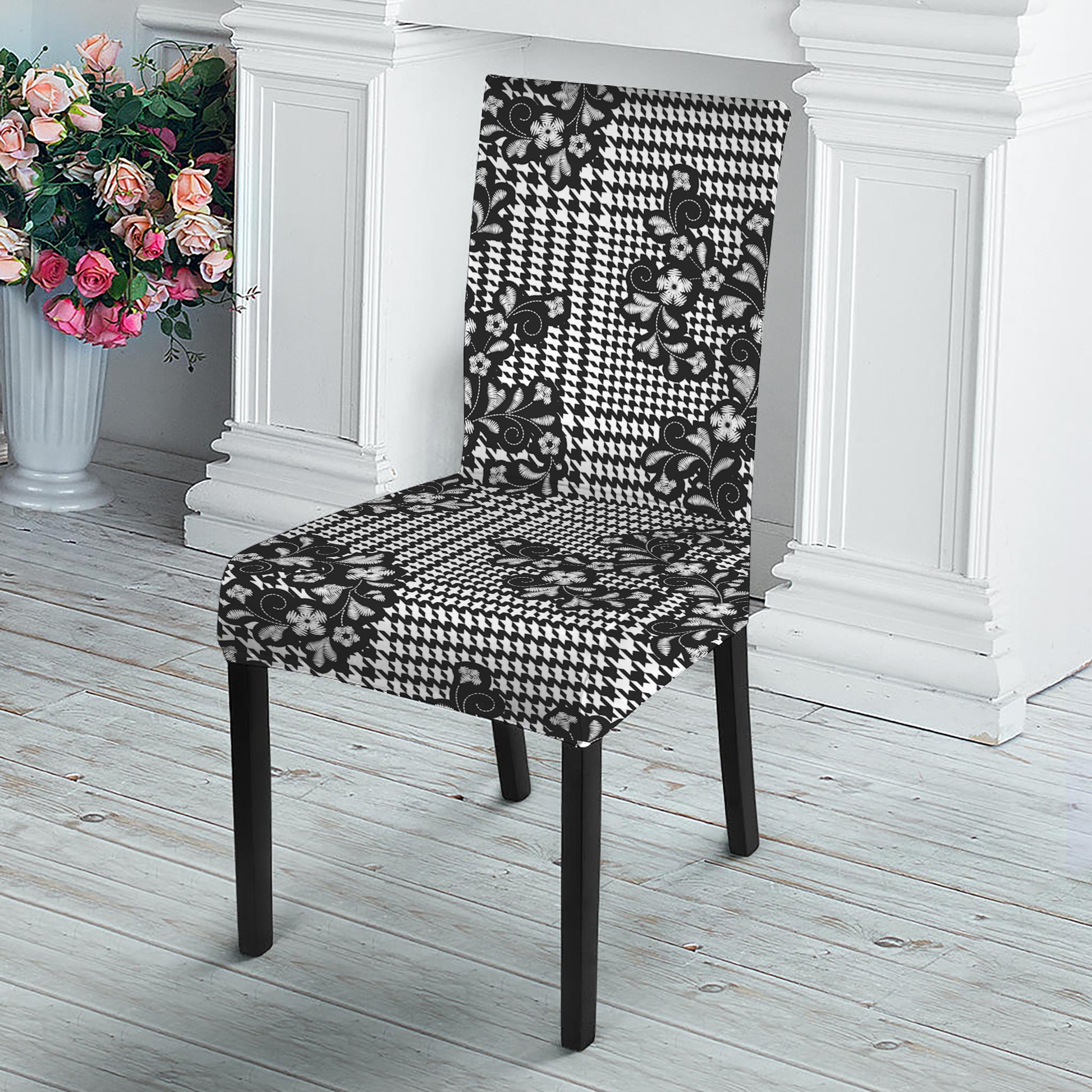 Black And White Floral Glen Plaid Print Dining Chair Slipcover