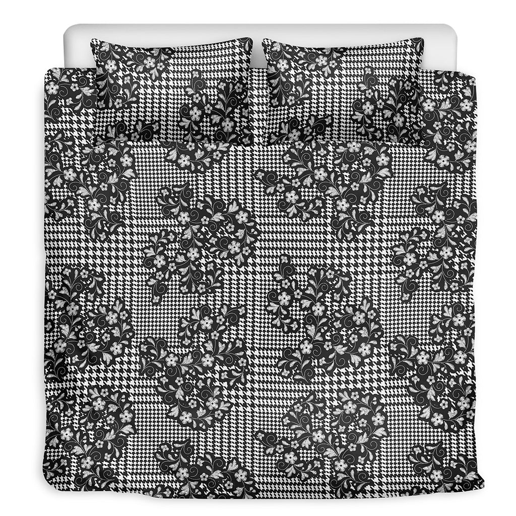 Black And White Floral Glen Plaid Print Duvet Cover Bedding Set