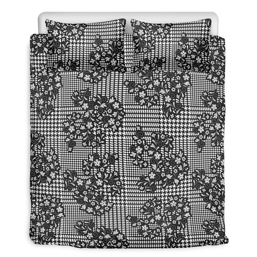 Black And White Floral Glen Plaid Print Duvet Cover Bedding Set