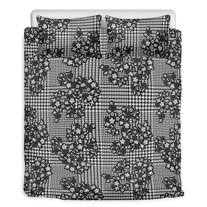 Black And White Floral Glen Plaid Print Duvet Cover Bedding Set