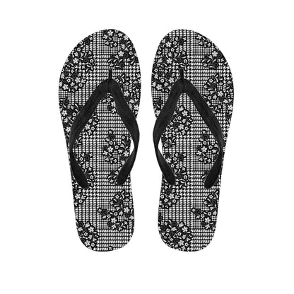 Black And White Floral Glen Plaid Print Flip Flops
