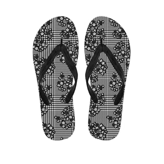 Black And White Floral Glen Plaid Print Flip Flops