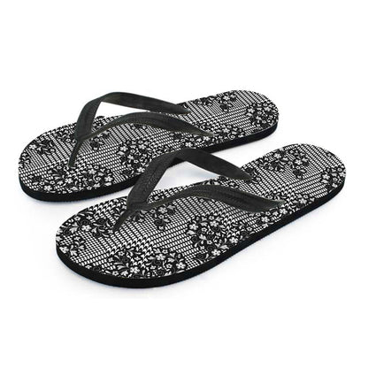 Black And White Floral Glen Plaid Print Flip Flops