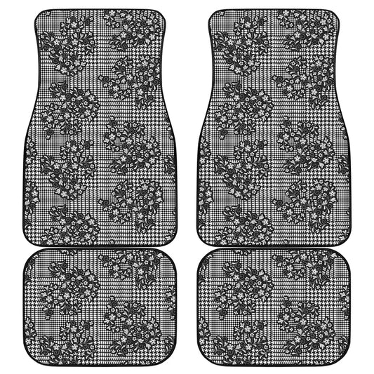 Black And White Floral Glen Plaid Print Front and Back Car Floor Mats