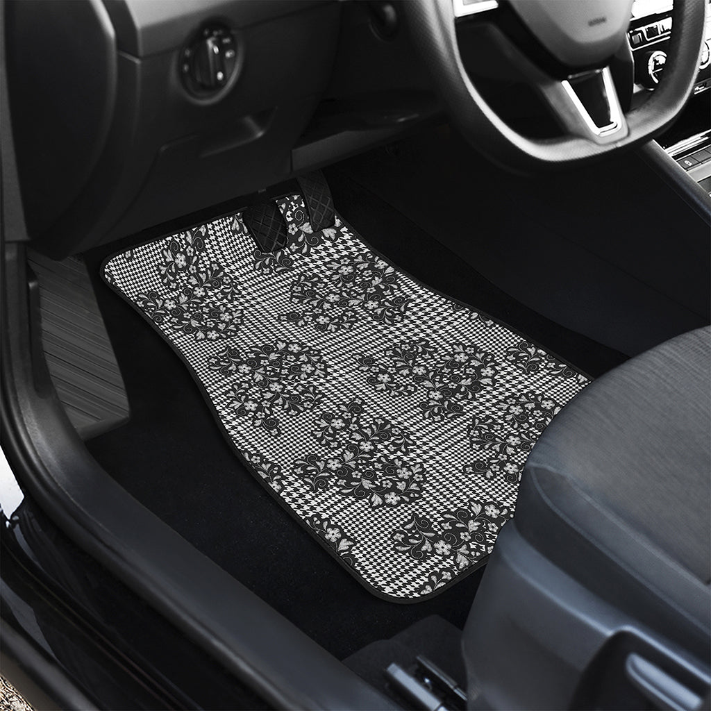 Black And White Floral Glen Plaid Print Front and Back Car Floor Mats