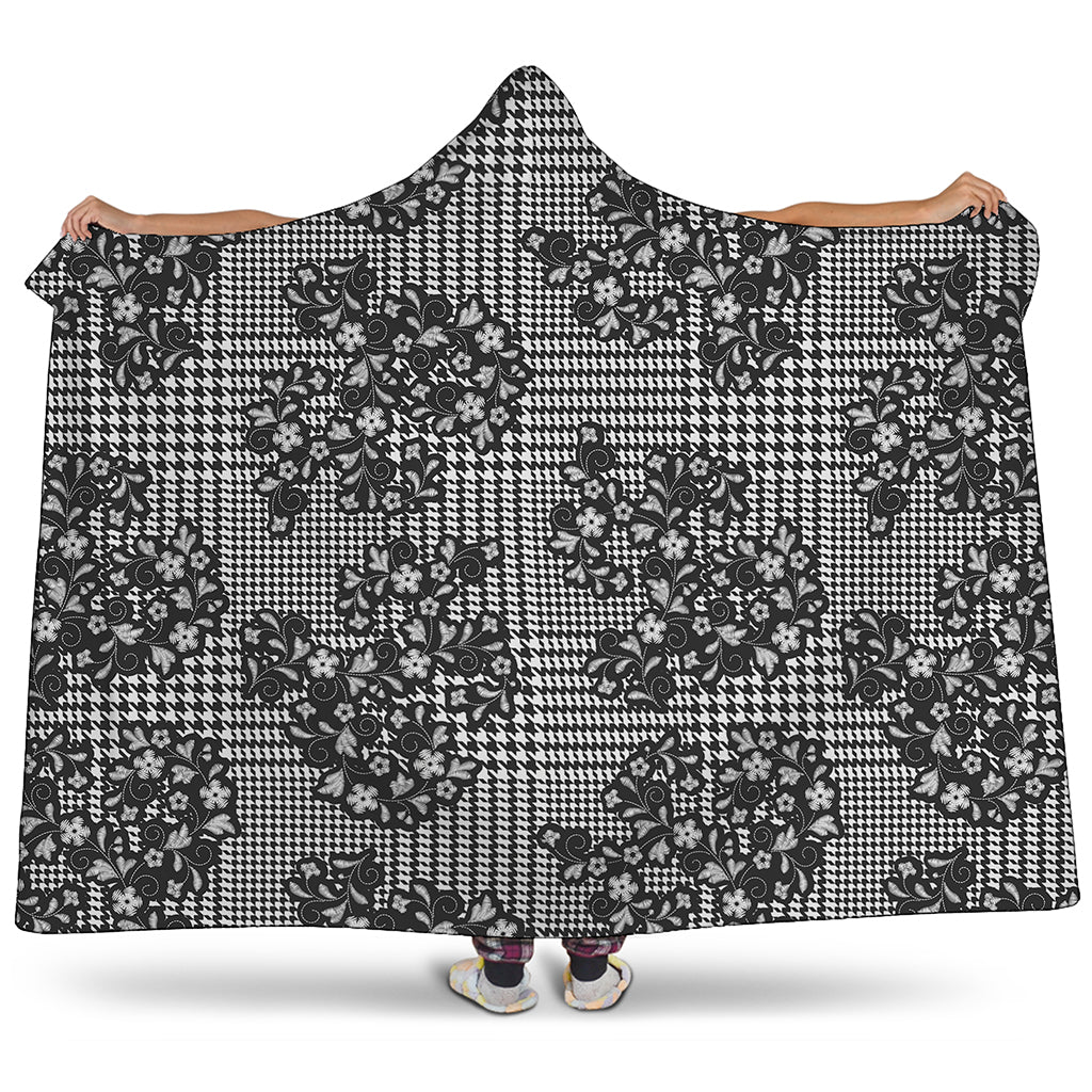 Black And White Floral Glen Plaid Print Hooded Blanket