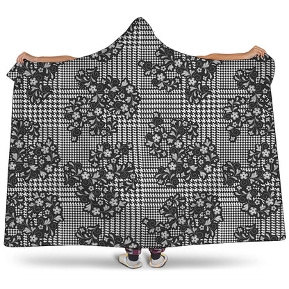 Black And White Floral Glen Plaid Print Hooded Blanket