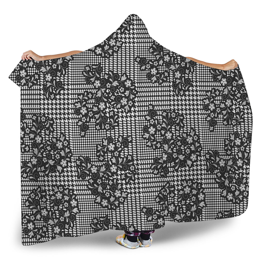 Black And White Floral Glen Plaid Print Hooded Blanket