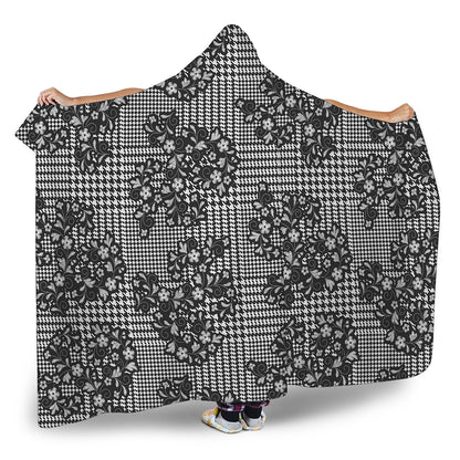 Black And White Floral Glen Plaid Print Hooded Blanket