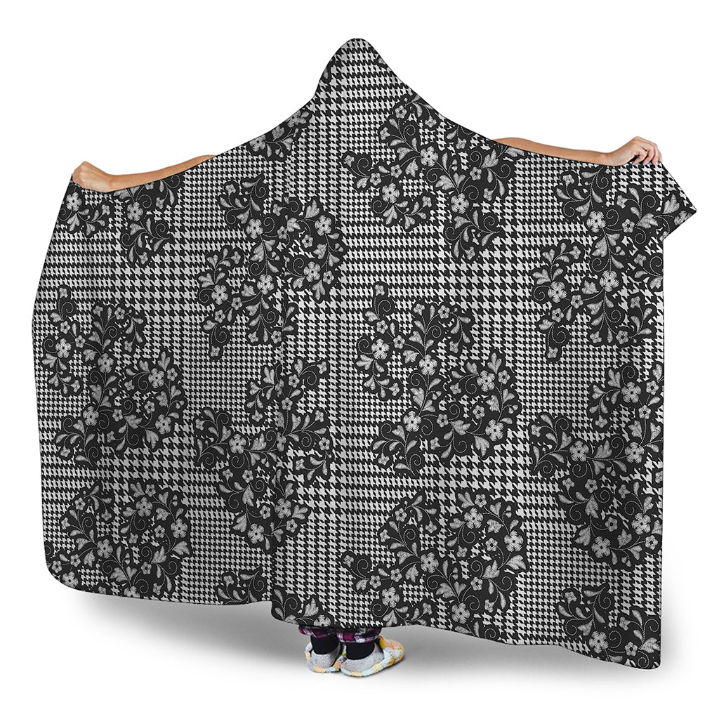 Black And White Floral Glen Plaid Print Hooded Blanket