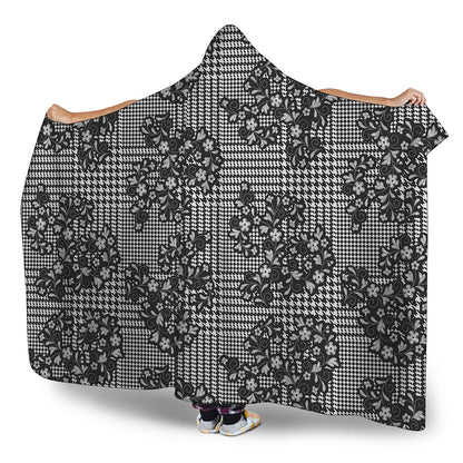 Black And White Floral Glen Plaid Print Hooded Blanket
